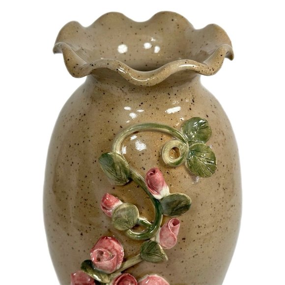 Pottery Vase Bud Studio Signed Art Glaze Brown Stoneware MCM Ruffled Stoneware - Picture 4 of 9